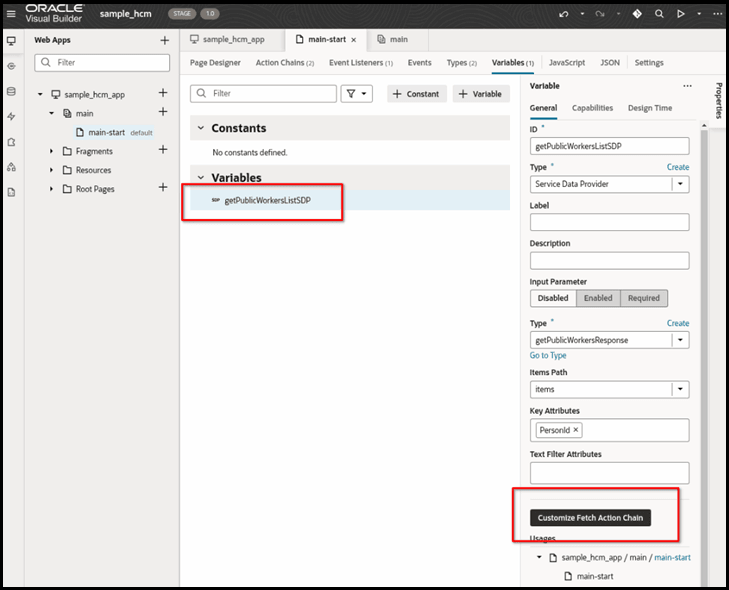 This screenshot shows the created variable 'getPublicWorkersListSDP' screen.