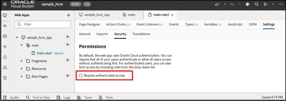 This screenshot shows the VBCS application security settings screen.