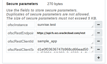 This screenshot shows the Secure parameters section on the Add/Modify plugin page.