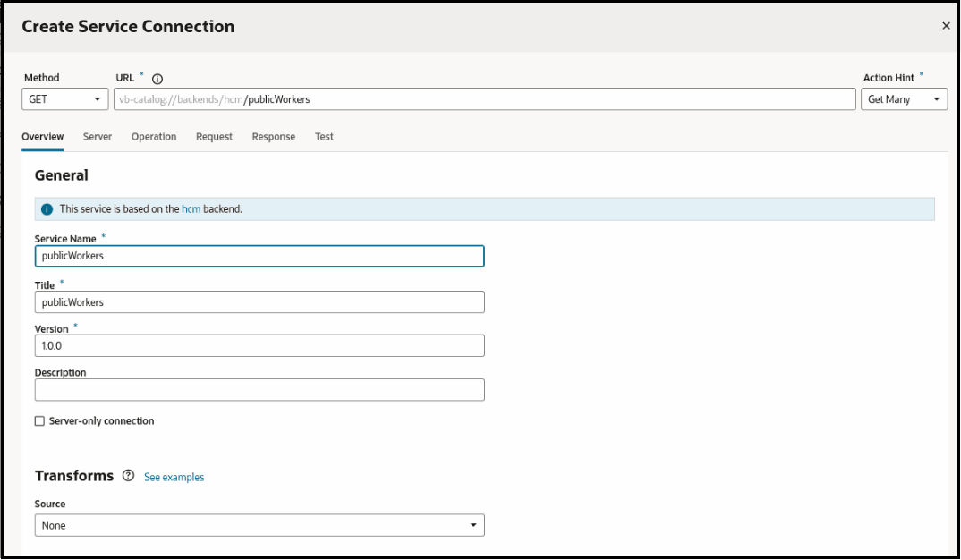 This screenshot shows the Service Connection.