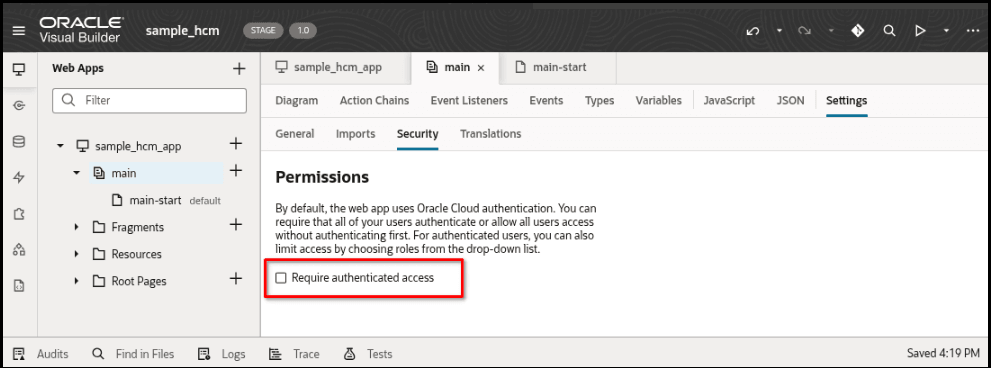 This screenshot shows the VBCS application security settings screen.