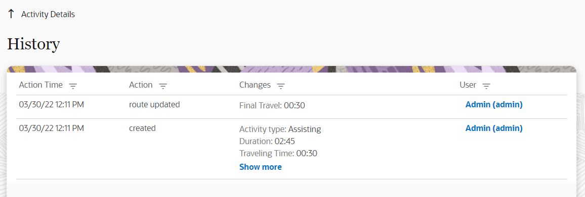 This screenshot shows the History page that lists the changes made to the activity.