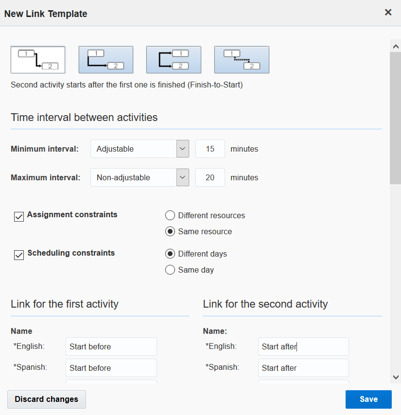 This screenshot shows the activity link type template with four different linkages.