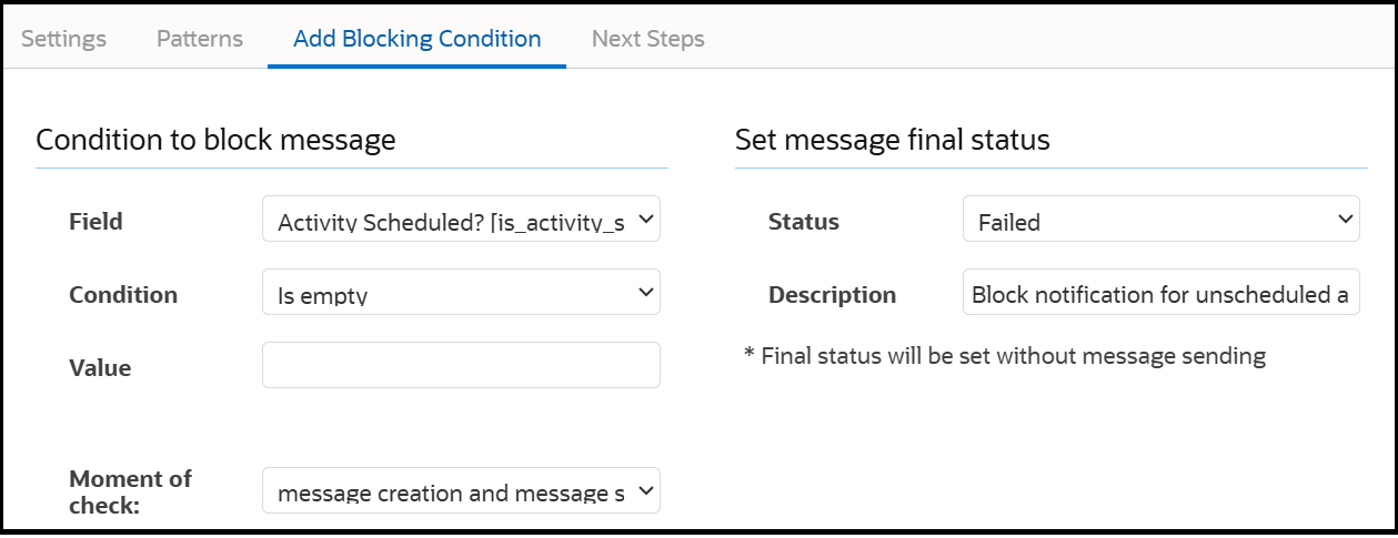 This screenshot shows the Add Blocking Conditions Tab.