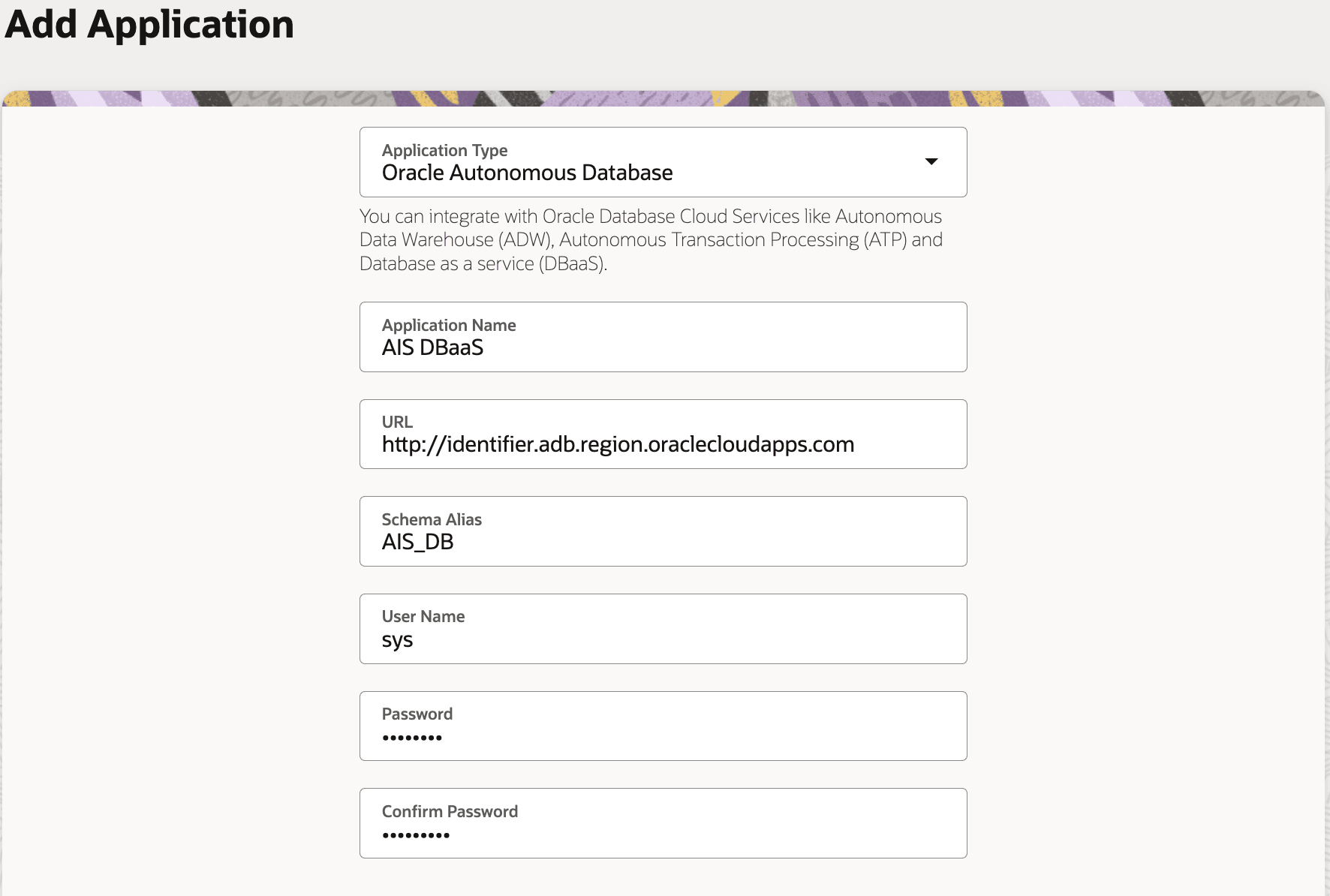 This screenshot shows the Add Application dialog box, where you can add Oracle Autonomous Database as an application.