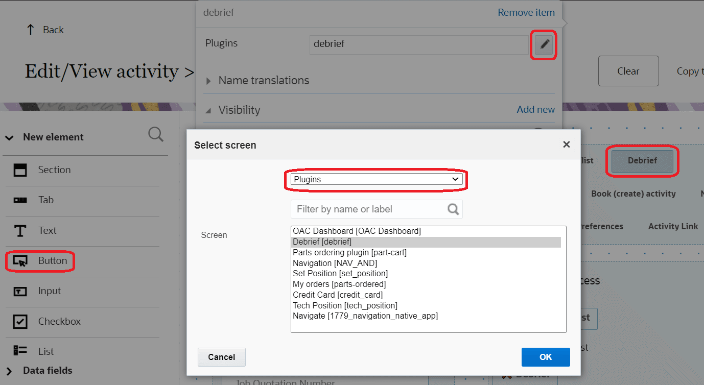 This screenshot shows the Visual Form Editor page, where a plugin is added to a Button element.