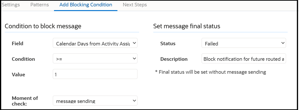 This screenshot shows the Add Blocking Conditions Tab.