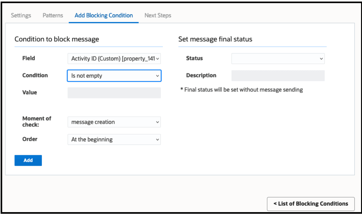 This screenshot displays the Blocking conditions tab