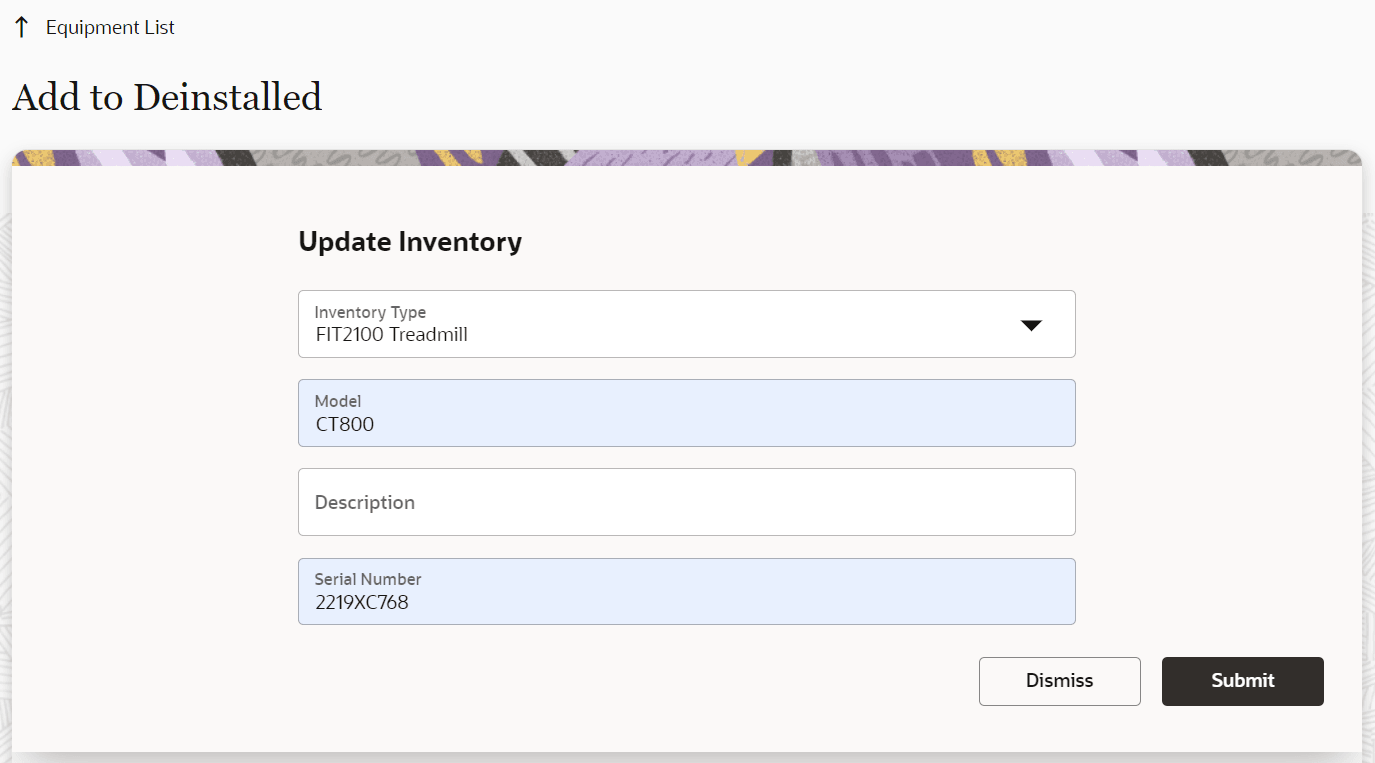 This screenshot shows the Add to Deinstalled dialog box, where you specify the deinstalled inventory.