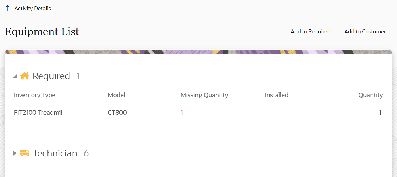 This screenshot shows the Equipment list page with the number of items in various sections.