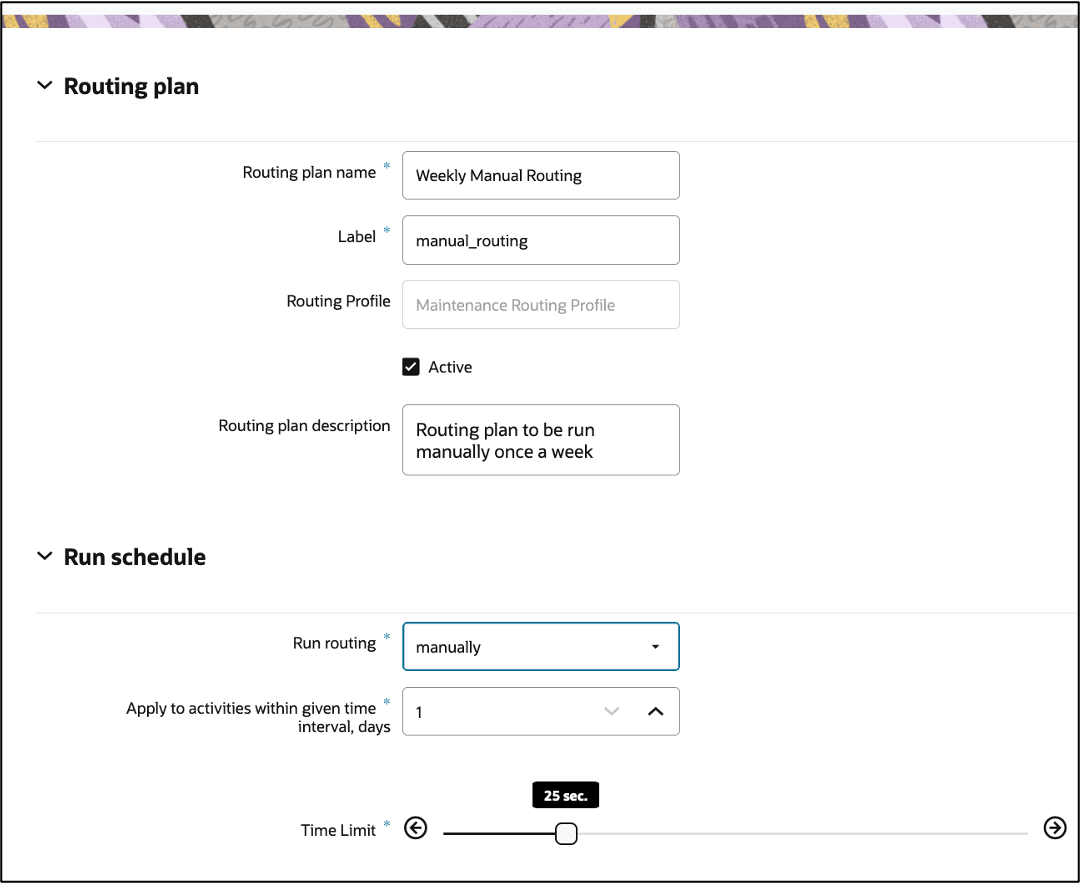 This screenshot shows the Routing plan and Run schedule sections of a manual routing plan.