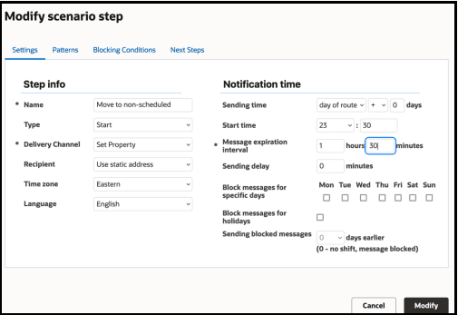 This screenshot displays the modify scenario step.