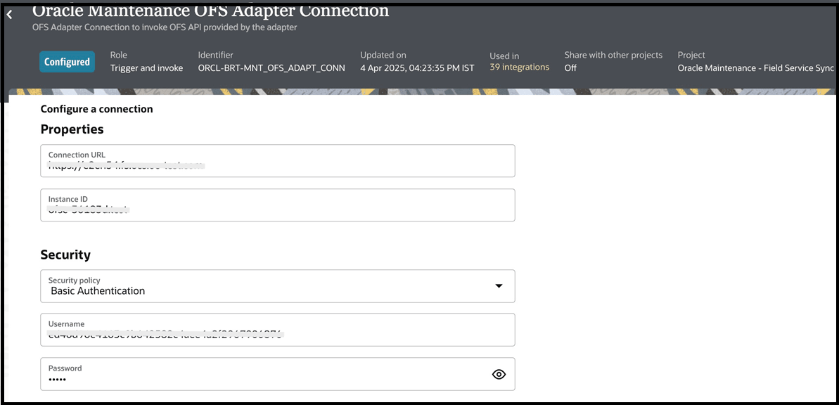 The screenshot describes creating OFS Adapter connection.
