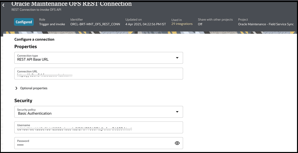 The screenshot describes creating OFS Fusion REST connection.