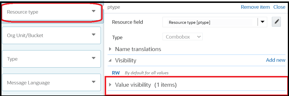 This screenshot shows the Resource Type field in the Visual Form Editor.