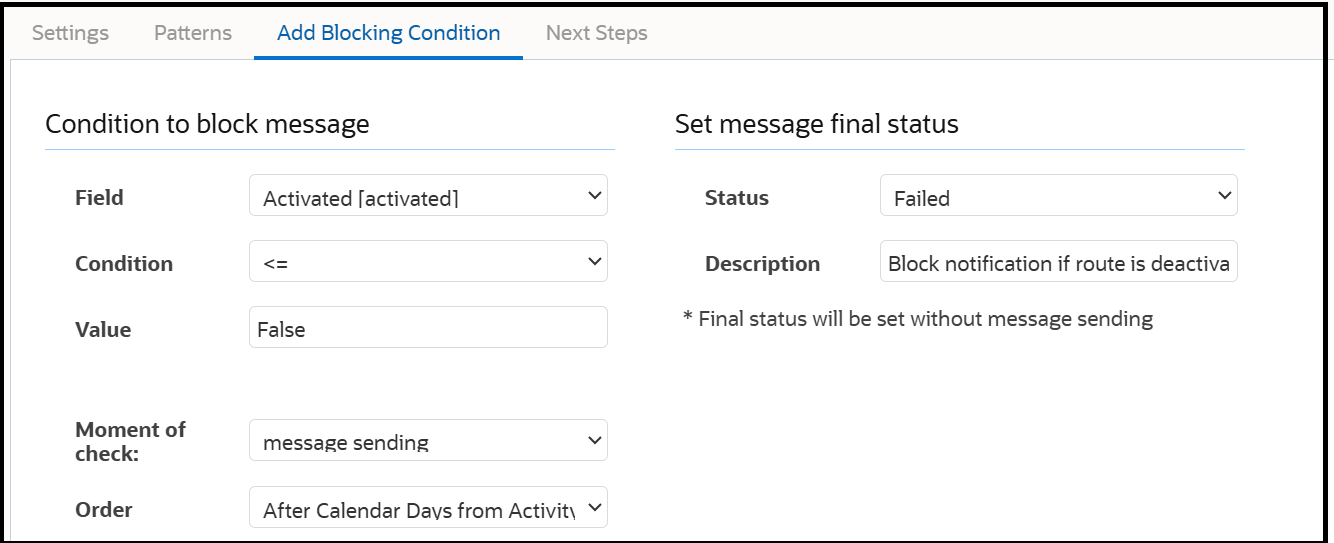 This screenshot shows the Add Blocking Conditions Tab.