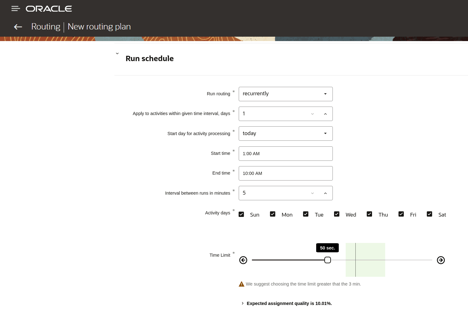 This screenshot shows a routing plan that runs once a day