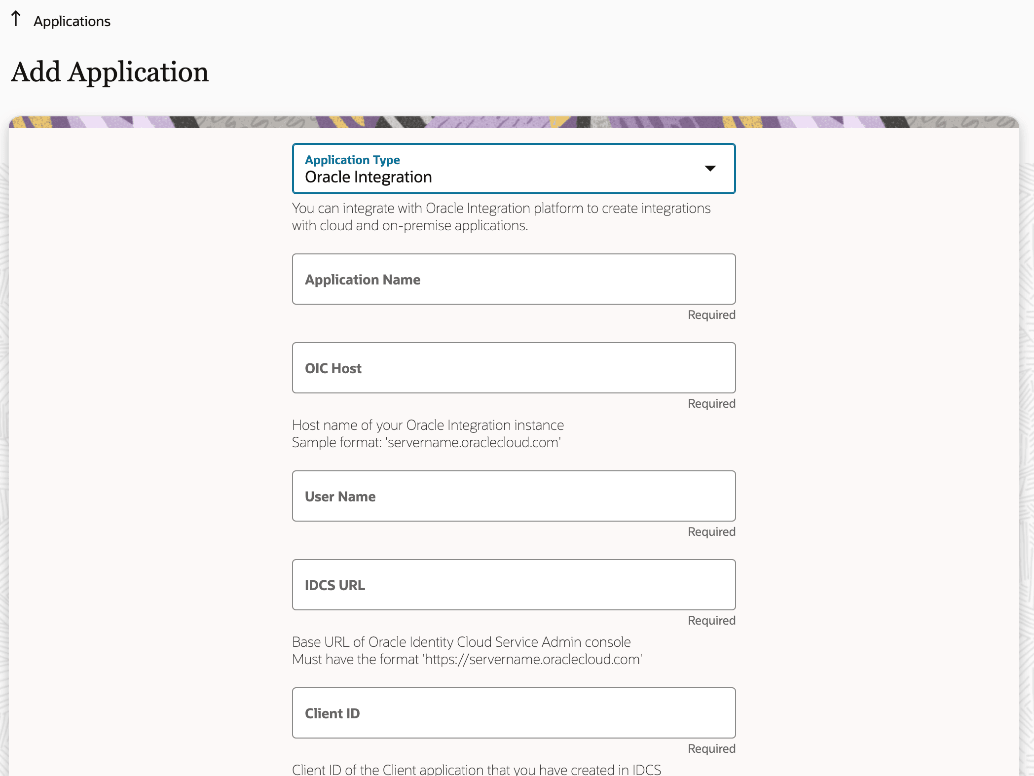 This screenshot describes creating the OIC application with details about the OIC endpoint.