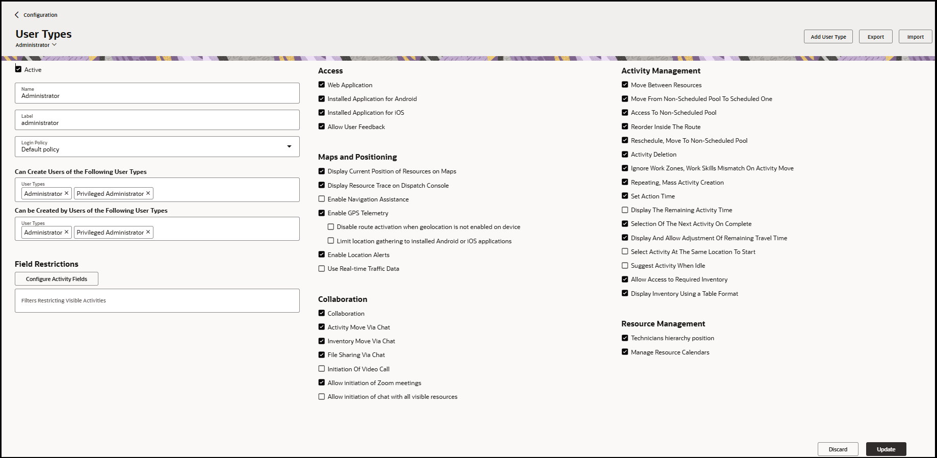 This screenshot shows the User Types page