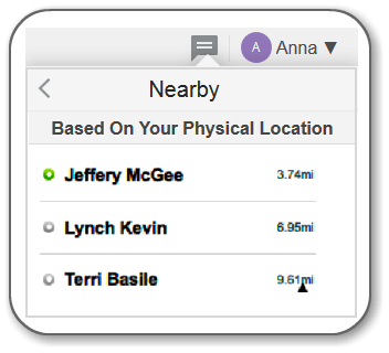 This image shows the Nearby window with a list of users based on your physical location.