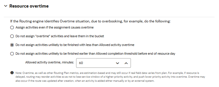 Image shows Resource overtime actions available for a routing engine