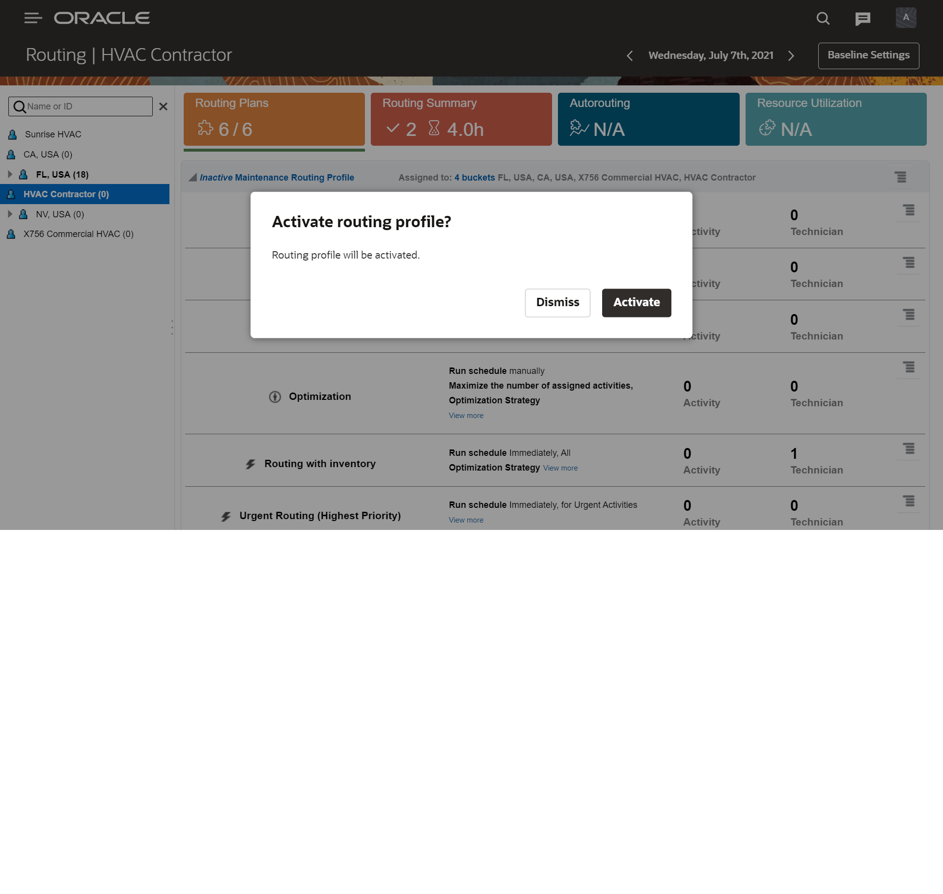 Image shows Activate Routing Profile dialog box.