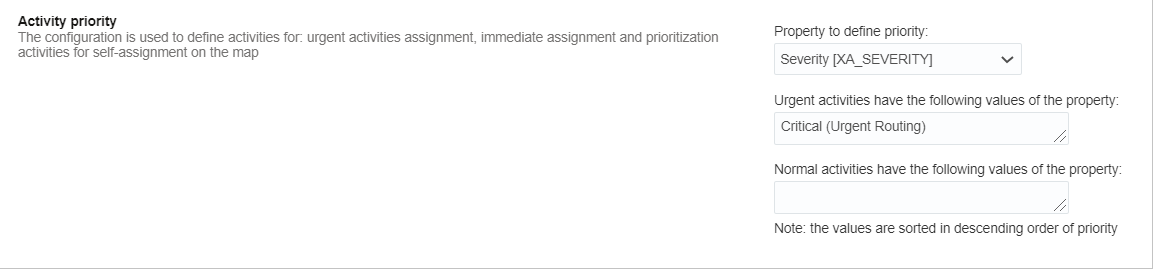 Image shows Activity priority used by Routing with property values and priority level
