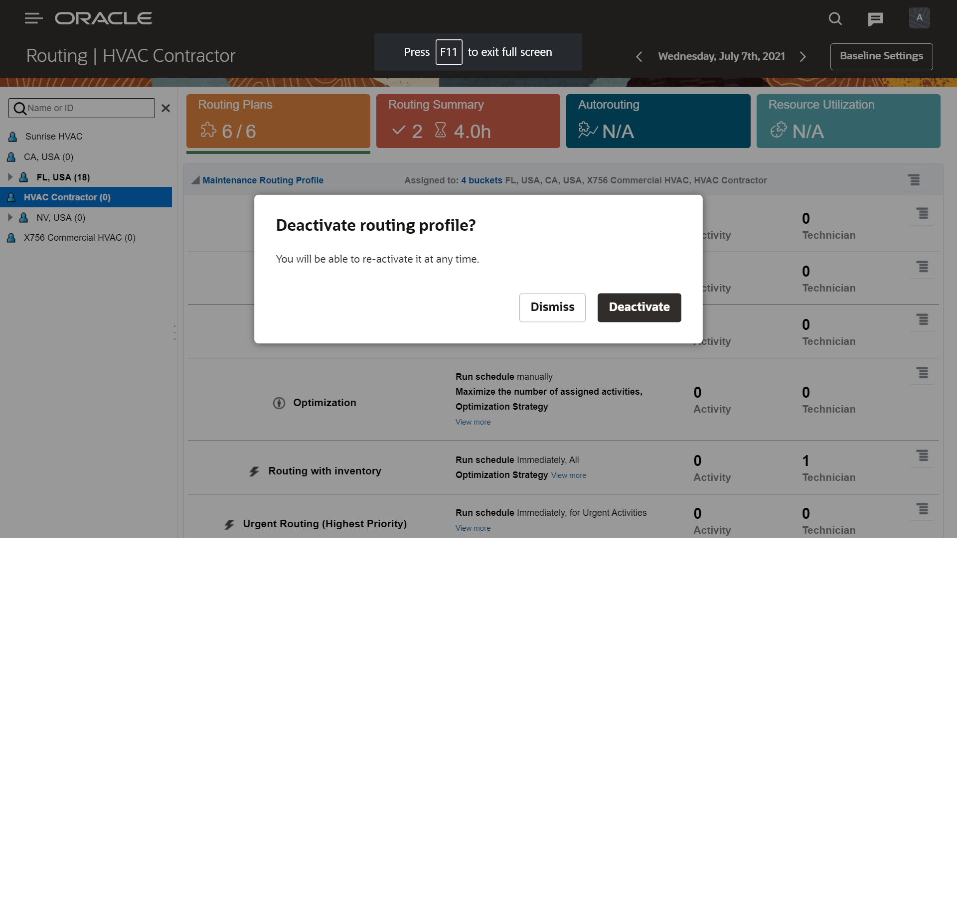 Image shows Deactivate Routing Profile dialog box.