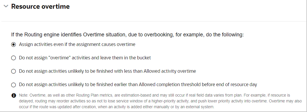 Image shows Resource overtime actions available for a routing engine