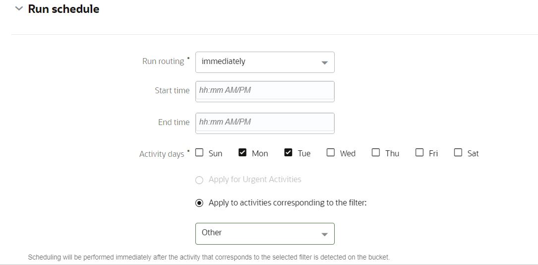 Image shows Run schedule pane with Urgent Activities drop-down list values: manually, once a day, recurrent, immediately, and sequentially