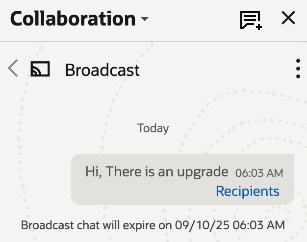 This screenshot shows message broadcast where you can view recipients and mark acknowledgment.