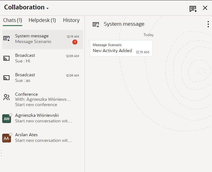 This screenshot shows the Collaboration window with the two panes and the Chats, Helpdesk, and History tabs.