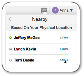 This image shows the Nearby window with a list of users based on your physical location.