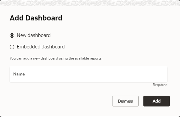 Image shows the Add dashboard dialog box.