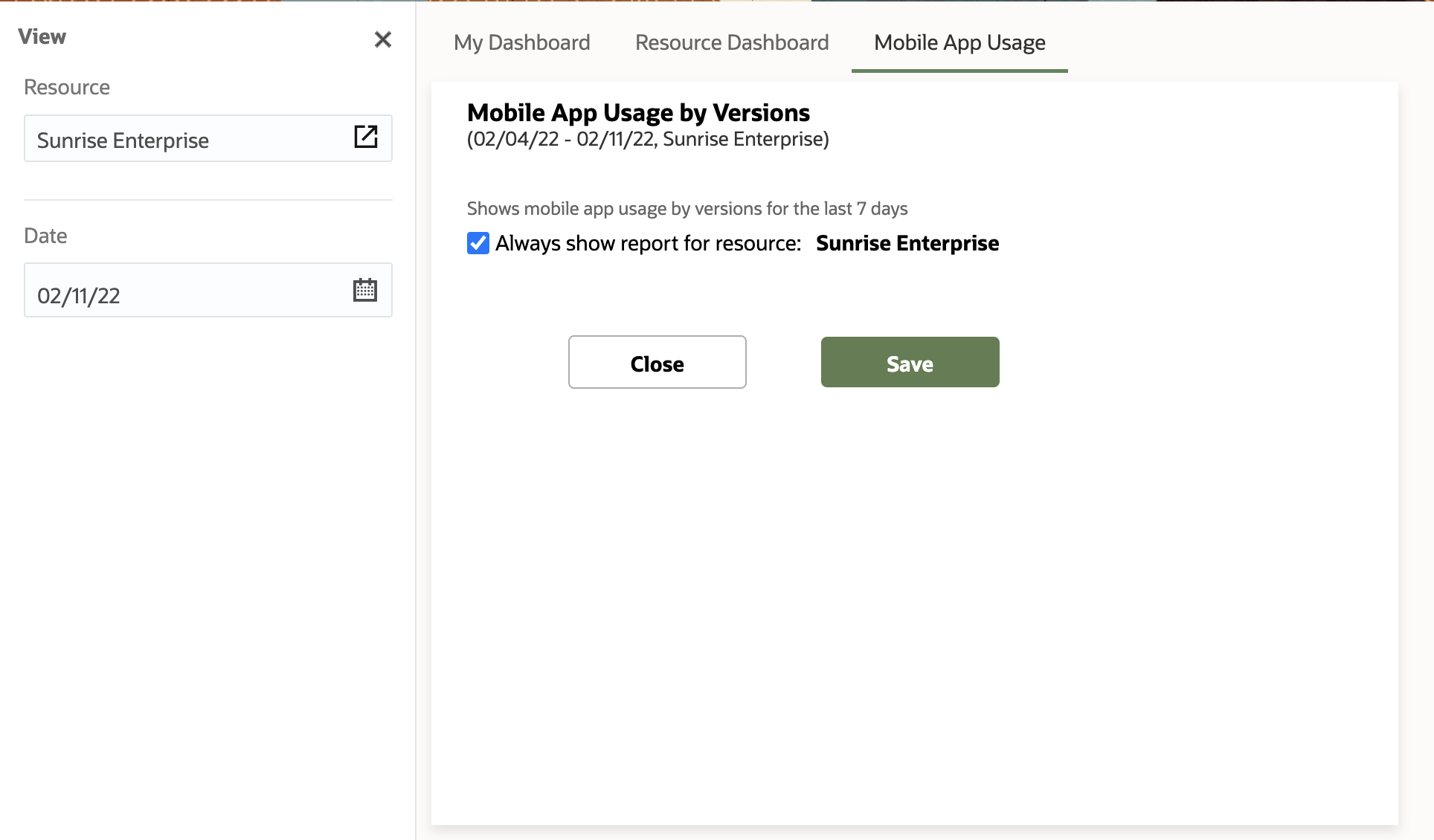 Image shows the Mobile App Usage by Versions chart options.