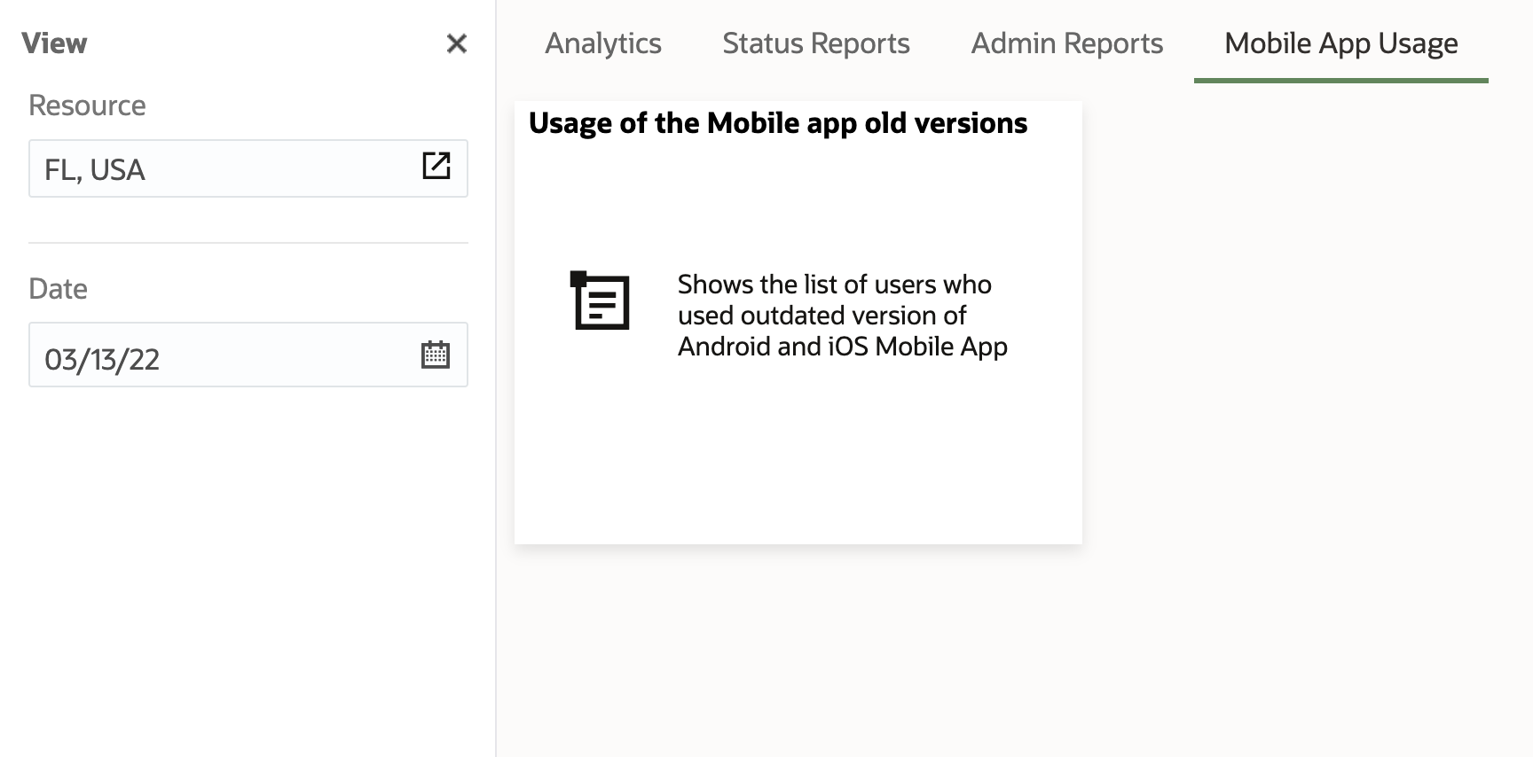 Image shows the default view of Usage of the Mobile app old versions report.