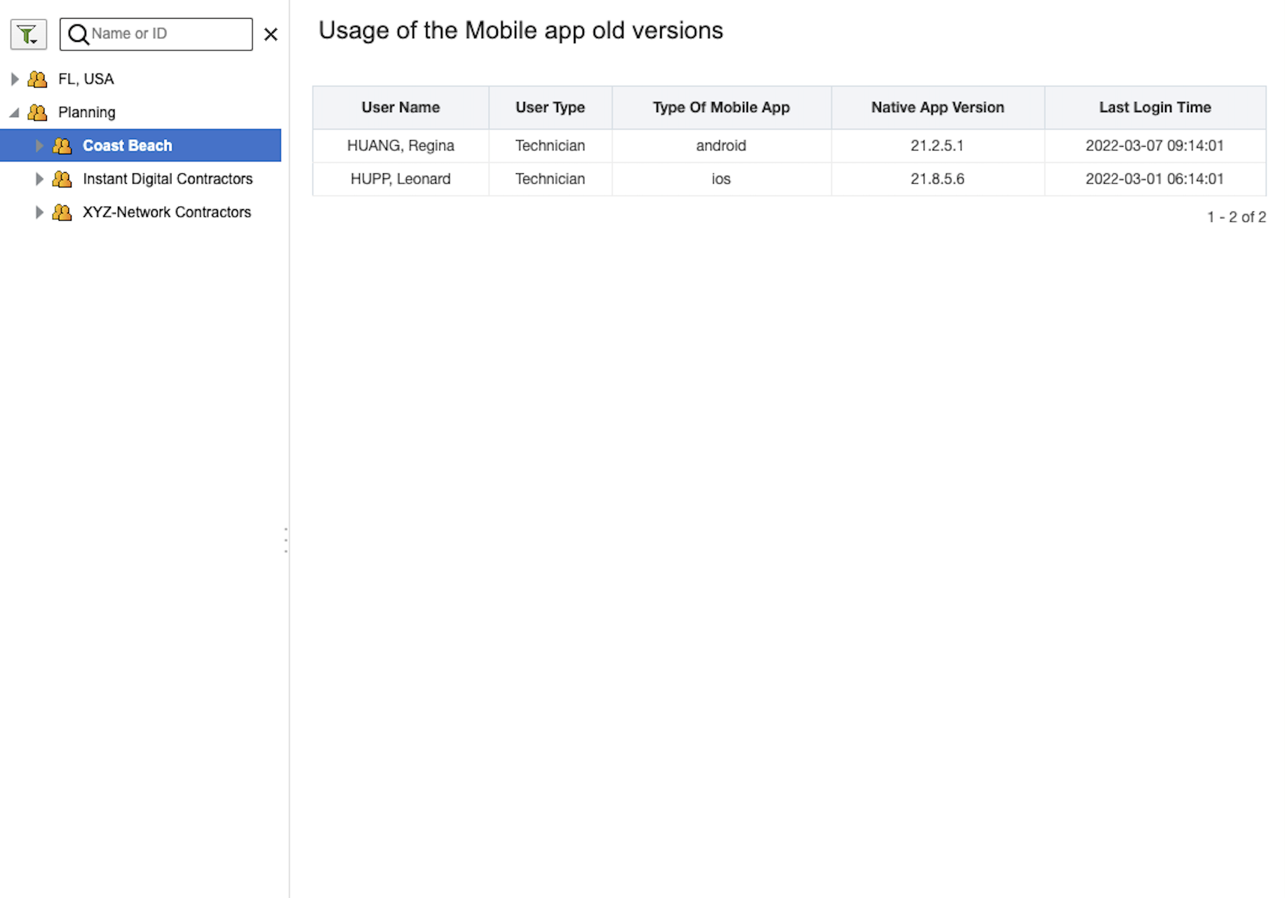 Image shows the Usage of the Mobile app old versions report.