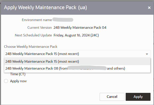 Weekly Maintenance Packs and their corresponding environments available for selection in the Choose Weekly Maintenance Pack field