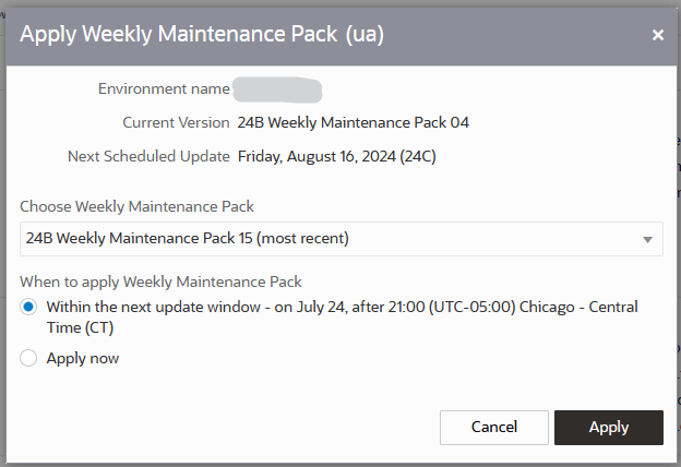 Apply Weekly Maintenance Pack dialog box showing the environment details