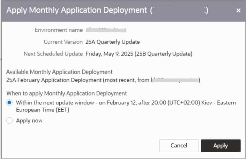 Monthly Deployment Packs and their corresponding environments available for selection in the Choose Monthly Deployment Pack field