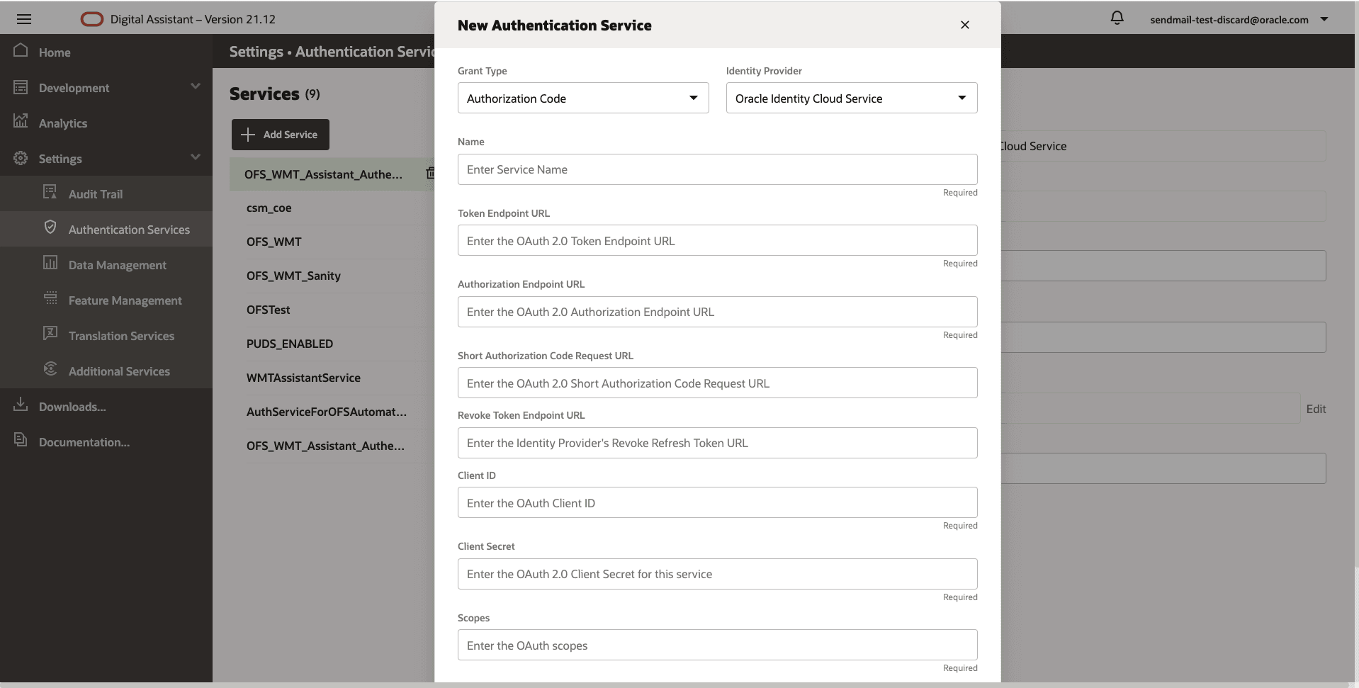 This screenshot shows the New Authentication Service page, where you add the details of the client authentication.