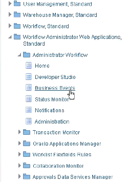 screenshot of E-Business Suite Administrator workflow, Business Events selection