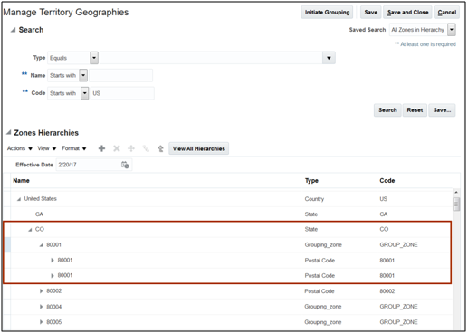 Manage Territory Geography page with the newly created group zones highlighted