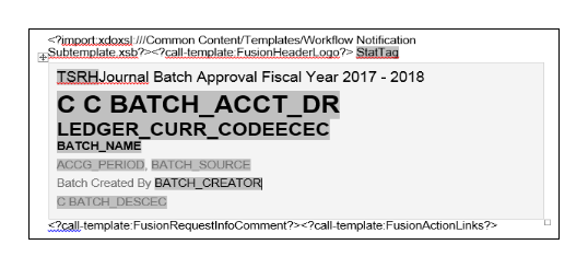 This figure shows the header portion of the report layout template with the Batch Created By text followed by the BATCH_CREATOR field. The BATCH_CREATOR field was inserted from the data model.