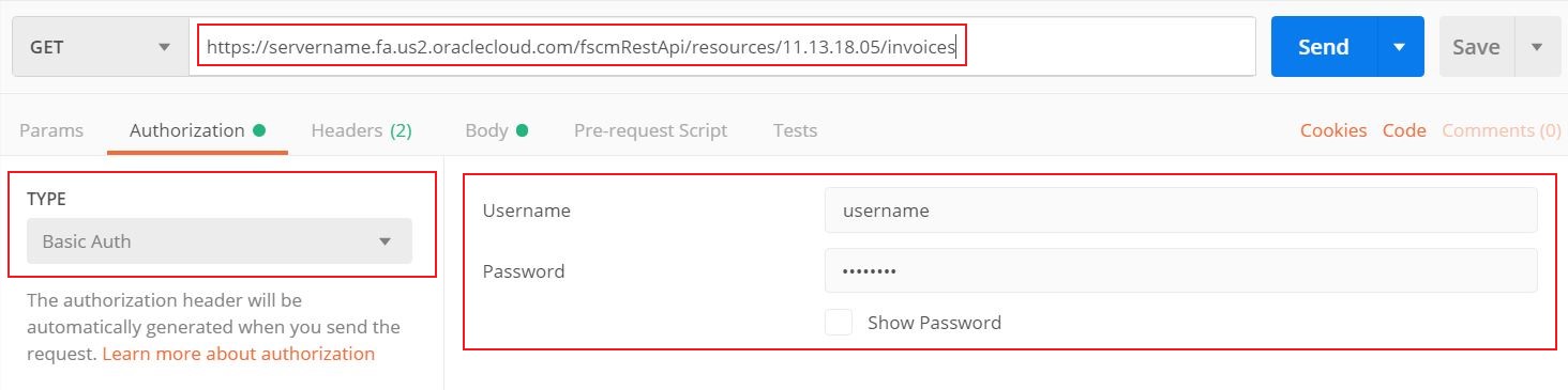 Postman example with basic authentication, user name, and password.
