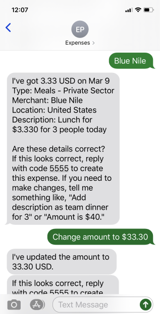 Here's a sample screenshot of how you modify an expense before you enter the security code.