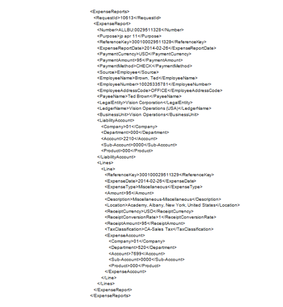 This figure shows an example of an expense report XML data file format that is automatically created when an expense report containing cash expense items is processed by the Process Expense Reimbursements and Cash Advances process.