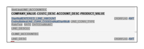 This figure shows the modified report layout template with all of the segments separated by a hyphen: COMPANY_VALUE-COSTC_DESC-ACCOUNT_DESC-PRODUCT_VALUE.