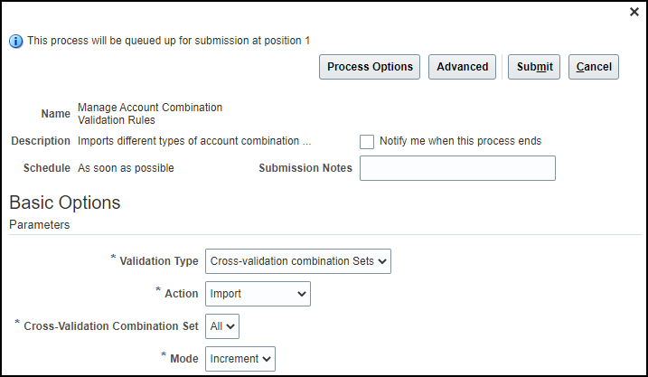 This image shows an example of the Manage Account Combination VAlidation Rules dialog box.
