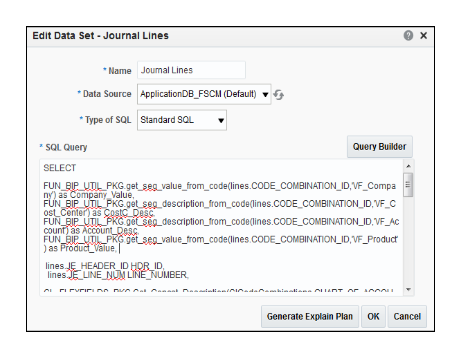 This figure shows the Edit Data Set - Journal Lines dialog box with fields for the Name, Data Source, Type of SQL, and SQL Query. The SQL Query field includes the statements constructed in step 2 of this task.